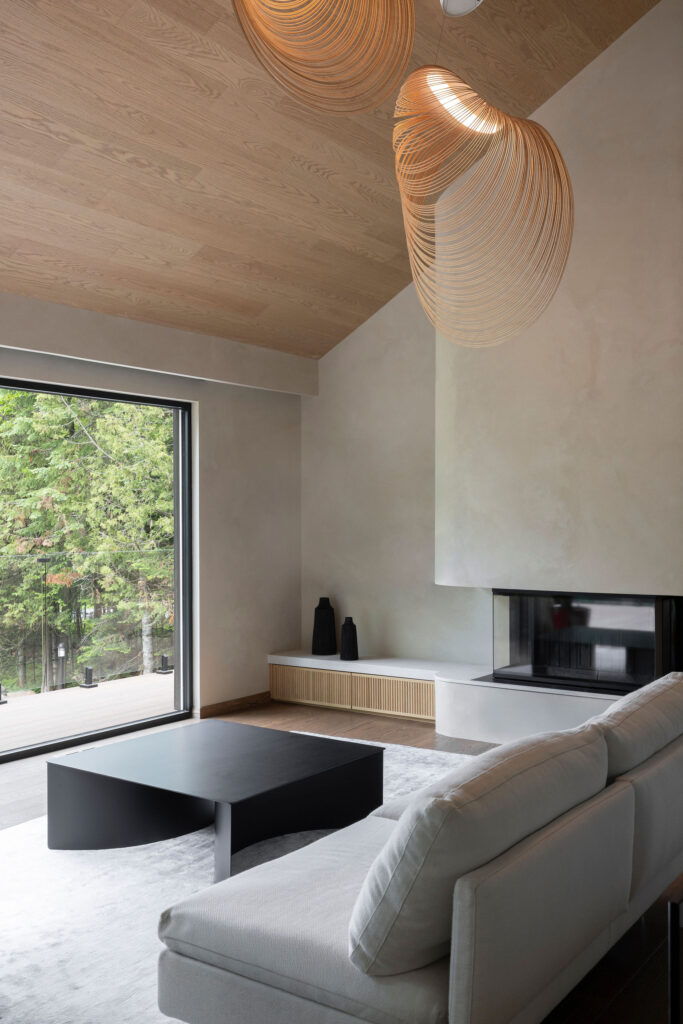 Design-interieur-salon-moderne-cheminee-melodie-violet-magog-chalet-montreal